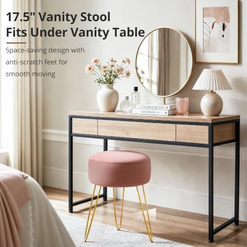 LUE BONA Vanity Stool, Pink Vanity Stools for Makeup Room, Round Ottoman Foot Stool, Velvet Footrest Vanity Chair for Bathroom Vanity, Bedroom, Living Room, Entryway, Offices, 300lbs