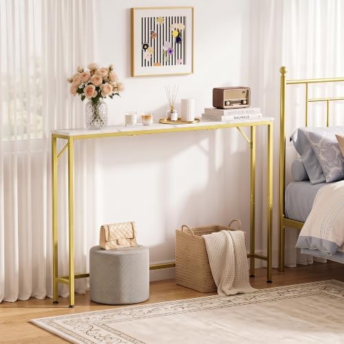 47.2" Console Table, Narrow Entryway Table, Skinny Sofa Table, Behind CouchTable, Long Skinny Table, DisplayTable for Entryway, Living Room, Foyer, Corridor, Office, Gold & White