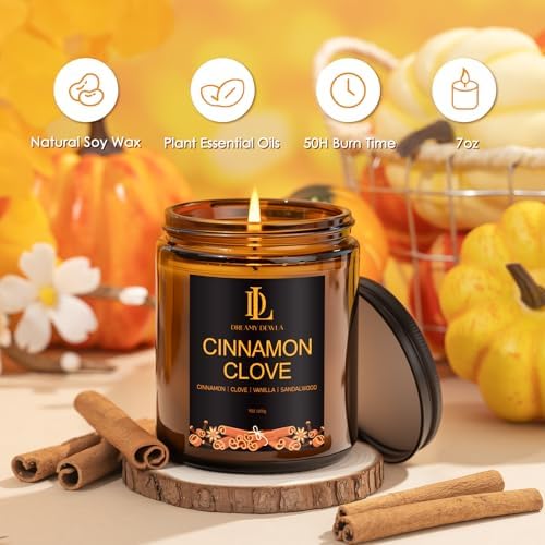 DL DREAMY DEWLA Fall Candle, Cinnamon Clove Scented for Home, 7oz Soy Wax