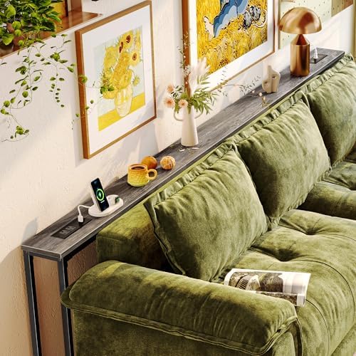 Huuger 102.4 Inch Behind Couch Table with 2 Power Outlets and USB-C Ports, Extra Long Narrow Sofa Table for Sectional Sofa, Skinny Console Table with Anti-Bump Pads, for Living Room, Grey