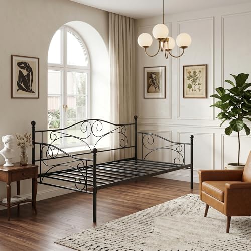 VECELO Daybed Frame, Twin Size Metal Platform Sofa Bed Mattress Foundation with Headboard, Heavy-Duty Steel Slat Support for Bedroom Living/Guest Room, Easy Assembly, Black