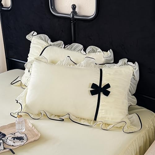 Ruffle Beddding Set with Bowtie,Chic Lace Bedding,Girls Twin Aesthetic Comforter Cover Set,Romantic French Princess Style Ruffled Duvet Cover with Lovely Bow with Zipper Closure