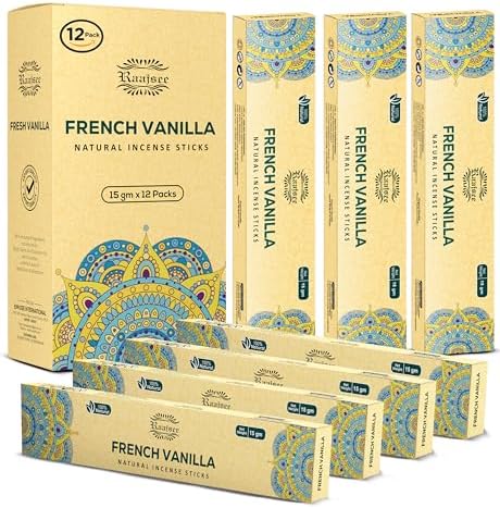 Raajsee French Vanilla Incense Sticks (180 gm), 100% Pure Organic Natural Hand Rolled Free from Chemicals - Perfect for Aromatherapy, Cleansing, Meditation, and Church (Pack of 12)