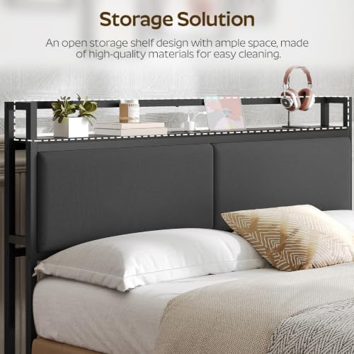 YATINEY Queen Headboard Only with Storage, Upholstered Head Board with Charging Station, Height Adjustable, Sturdy and Stable, Vintage Style, Black