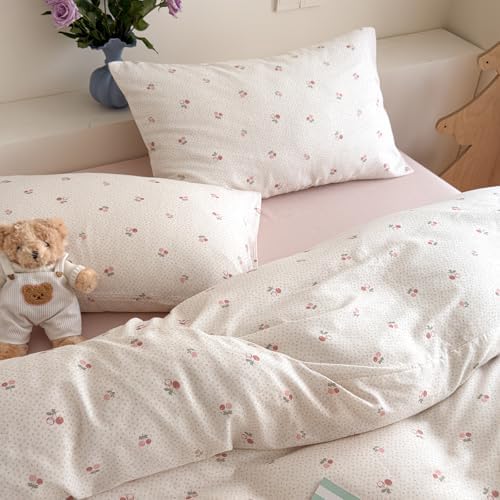 AOJIM Delicate Cherry Duvet Cover Set Twin Size Floral Print Bedding Set 3 Pieces (1 Comforter Cover + 2 Pillowcases), Soft Breathable 100% Cotton Double Gauze Bedding Duvet Cover for Kids & Adults