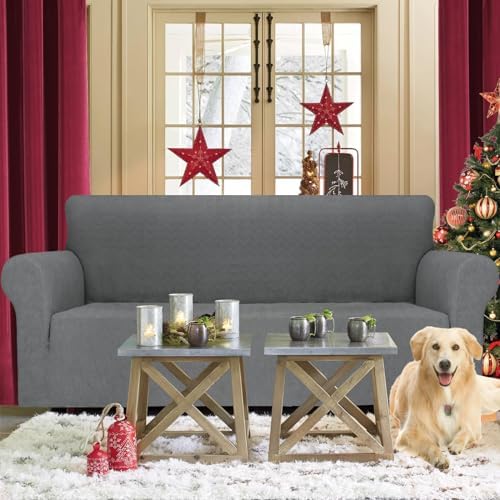 JIVINER Stretch Sofa Covers 1 Piece Couch Covers for 3 Cushion Couch Sofa Cover, Universal Living Room Slipcovers Furniture Protector with Elastic Bottom for Kids, Pets (Large, Light Gray Rhomb)