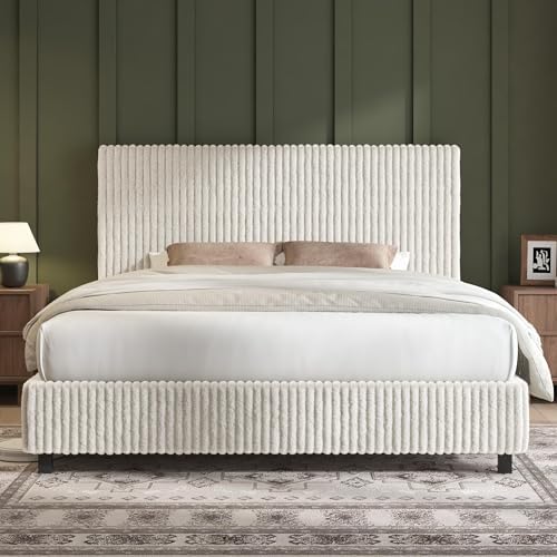 AMERLIFE Upholstered Bed Frame, Metal Bed with Headboard, Full Cream