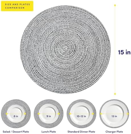 Round Placemats Set of 4-100% Cotton Two-Tone Placemat for Dining Table - Woven Braided Table Setting Place Mat - Washable Table Decor for Kitchen, Farmhouse, Rustic, Everyday Use, Black