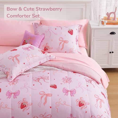Twin Comforter Set for Girls-3 Pieces Pink Bow Printed Twin Bedding Sets