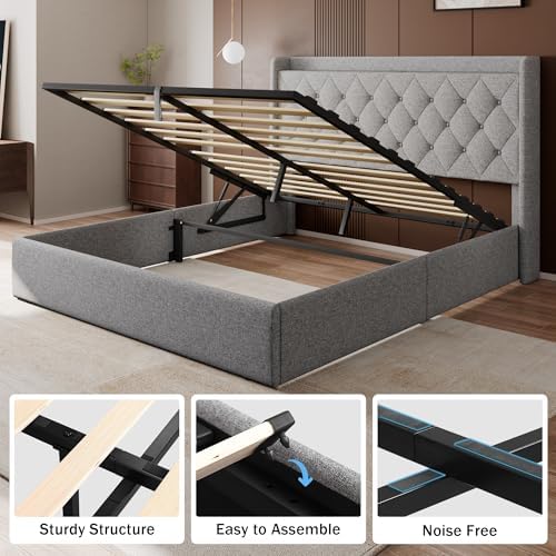 GalnFu Queen Size Bed Frame with Storage, Upholstered Queen Lift up Storage Bed Frame with Charging Station, Button Tufted Headboard, No Box Spring Needed, Easy Assembly, Noise Free, Light Gray