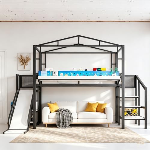 Bellemave Twin Size Metal House Loft Bed with Slide and Stairs,Black