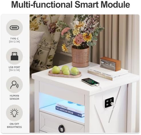 Farmhouse Nightstand Set 2 with Gun Drawer,Bedside Table with Charging Station and Human Body Senor,3 LED Lights Night Stand with 3 Drawers and Open Shelf,End Side Table for Bedroom(White)