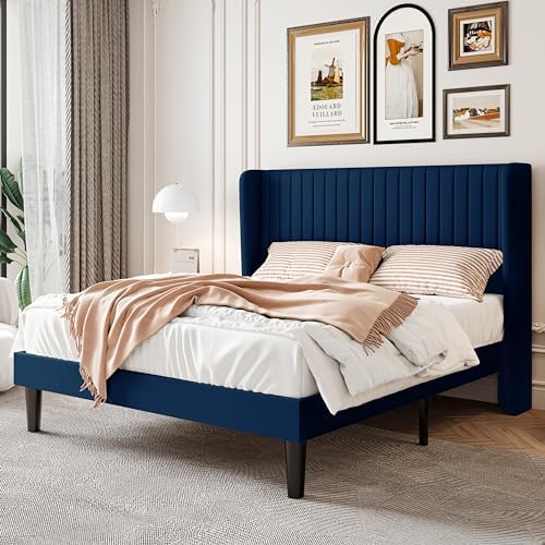 SHA CERLIN Full Size Velvet Bed Frame, Tufted Wingback Headboard, Blue