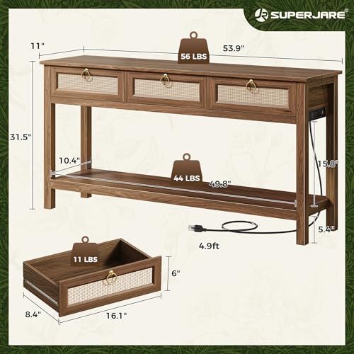 SUPERJARE Rattan Console Sofa Table with Outlets, USB-C Port and 3 Drawers