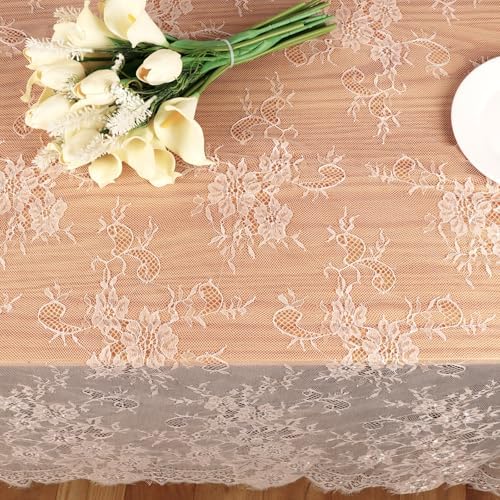 Fowecelt 2 Pcs Ivory Lace Tablecloth 60 X120 Inches Vintage Tablecloth Sheer Overlay Rectangle Floral Embroidered Lace Table Cloths for Rustic Boho Wedding Bridal Shower Party Reception Decoration