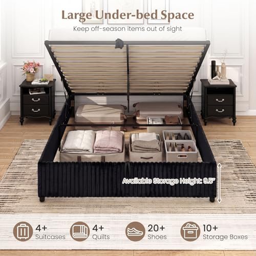 GIANTEX Queen Size Lift Up Storage Bed, Modern Corduroy Upholstered Platform w/Wingback Headboard, Hydraulic Support, Queen Bed Frame with Storage, No Box Spring Needed (Black)