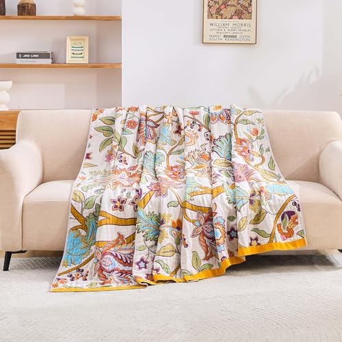 XIBLC Boho Throw Blanket for Bed, 100% Cotton Soft Rustic Quilt Fall Blanket, 90"x98" Floral Printed Farmhouse Decor Bed Blankets, All Season Rustic Reversible Bohemian Throw Quilt
