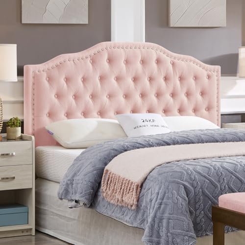 24KF Upholstered Button Tufted Queen Headboard with Nailhead Trim, Elegant Boucle Fabric Full headboard, 6031-Q-Boucle-Pink