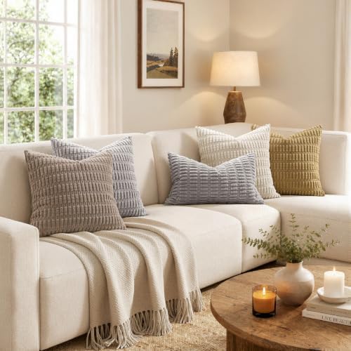 MIULEE Pack of 2 Corduroy Decorative Throw Pillow Covers 12x12 Inch Soft Boho Striped Pillow Covers Modern Farmhouse Home Decor for Sofa Living Room Couch Bed Light Grey