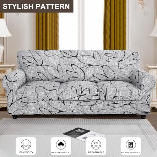 SearchI Stretch Sofa Cover Printed Couch Cover, Floral Pattern 4 Pieces Sofa Slipcover with 3 Separate Cushion Cover, Washable Furniture Protector for Living Room(Sofa, Grey Lotus+White)