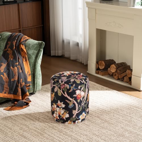 15.7" Swivel Vanity Stool, Floral Velvet Round Ottoman, Black