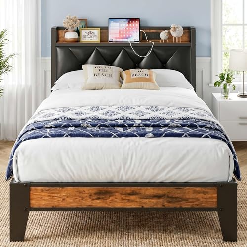 ANCTOR Twin XL Bed Frames, Storage Headboard with Charging Station