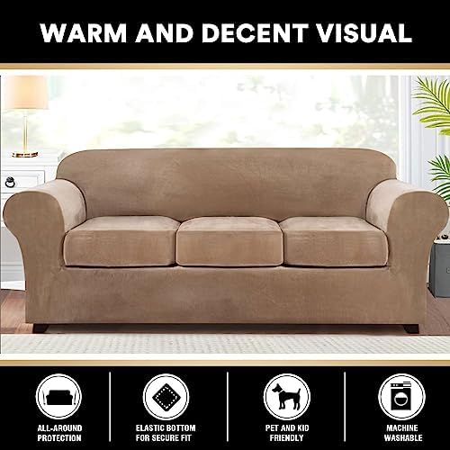 PrinceDeco Velvet Couch Covers for Sofa Soft 4 Pieces Couch Covers for 3 Cushion Couch Sofa Pet Friendly Furniture Protector with Non Slip Elastic Bottom Width Up to 90 Inch (Large, Camel)