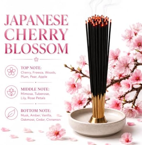 Japanese Cherry Blossom Exotic Incense Sticks 7 Inch - Bulk 1 Bundle 85 to 100 Sticks - Natural 7" Long Lasting Aroma that Burns for 30 to 45 Minutes.