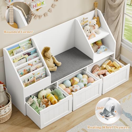 FOTOSOK Kids Bookshelf with Reading Nook, Toy Storage with Seat Cushion