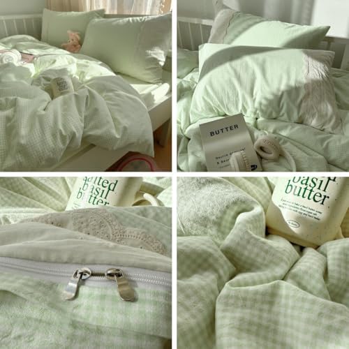 LifeTB Green Gingham Duvet Cover Twin 3 Pieces Romantic Lace Duvet Cover Soft Washed Microfiber Green Grid Plaid Comforter Cover with 2 Pillowcases Farmhouse Checkered Gingham Bedding Set