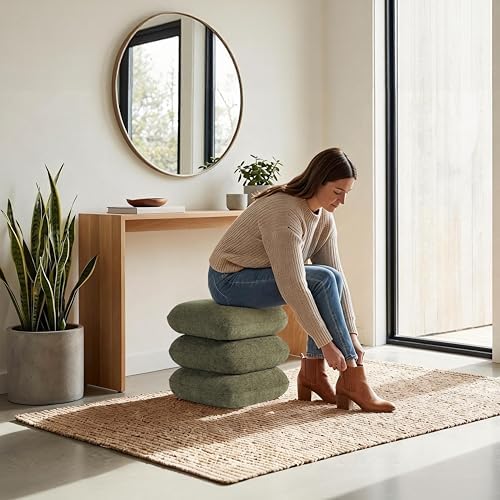 Get Set Style 360° Swivel Linen Ottoman, Modern Upholstered Foot Stool, Multifunctional Vanity Chair Accent Stool for Small Space, Living Room, Bedroom, Entryway, Olive Green