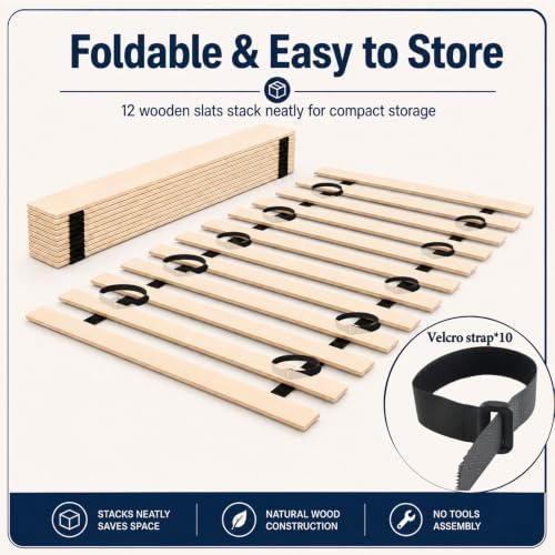 Twin XL to Full XL Bed Frame Converter with 10 Straps, 54 x 80 Inch Foldable Wood Bunkie Board, Heavy Duty Wooden Bed Slats Extension for Mattress Support, Dorm Bed Upgrade & Extra Sleeping Space