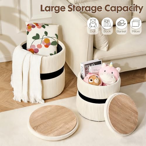 Set of 2 Storage Ottoman, Round Velvet Vanity Stool with Tray, White