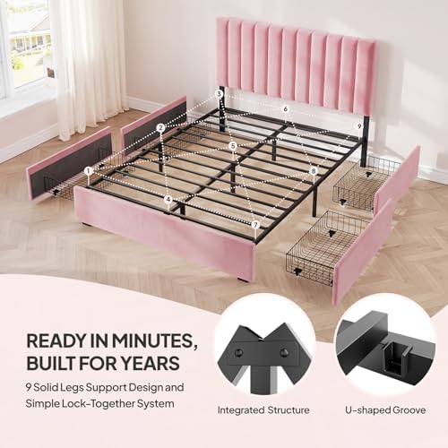 Welzona Queen Upholstered Bed Frame with Headboard & 4 Storage Drawer, Pink