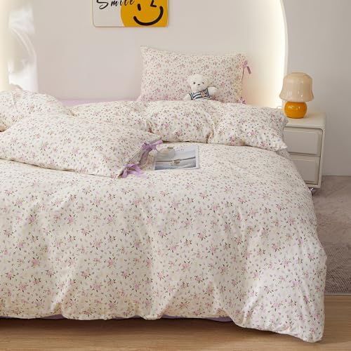 HighBuy College Girl Duvet Cover Set Twin XL,100% Cotton Comforter Cover Soft Durable with Lilac Floral Print,Vintage Bedding Set Chic Cottagecore with 2 Bowknot Bow Tie Pillowcases