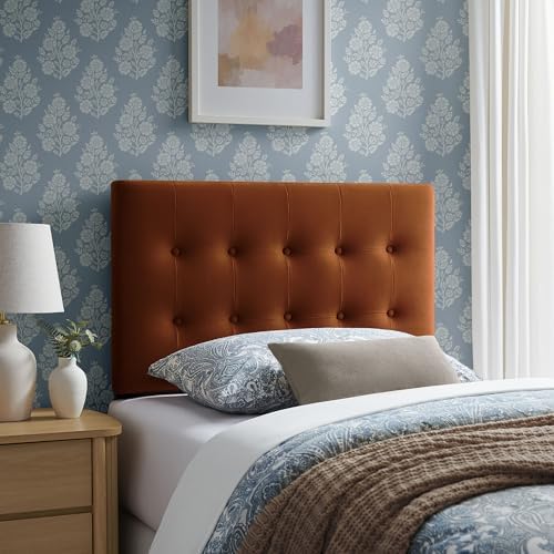 Modway Emily Twin Size Performance Velvet Headboard in Rust - Stain-Resistant Velvet Upholstery with Button Tufting and 7 Adjustable Height Positions