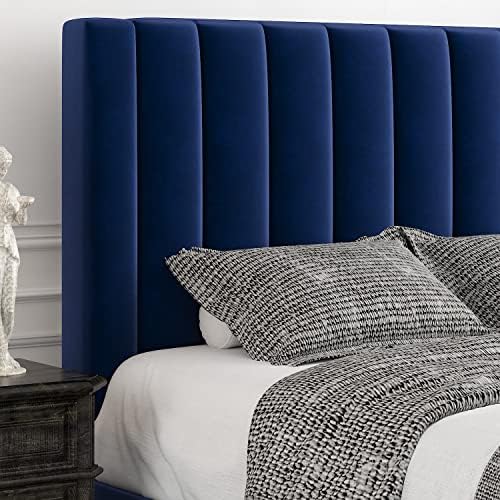 Allewie Full Platform Bed Frame/Velvet Upholstered Bed Frame with Vertical Channel Tufted Headboard/Strong Wooden Slats/Mattress Foundation/Box Spring Optional/Easy Assembly/Navy Blue