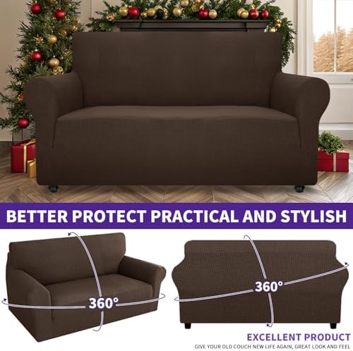 ZNSAYOTX Super Stretch Couch Cover Love Seat Sofa Covers for Living Room Dogs Pet Friendly Furniture Protector Spandex Loveseat Slipcovers with Anti Slip Foam Sticks (Coffee, Loveseat)