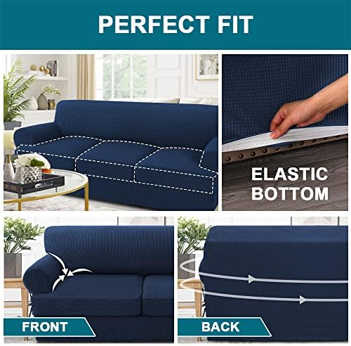 Turquoize 4 Piece T Cushion Sofa Slipcovers Stretch Couch Cover Furniture Covers with 3 Individual T Cushion Covers, Machine Washable (3 Cushion Sofa, Navy)