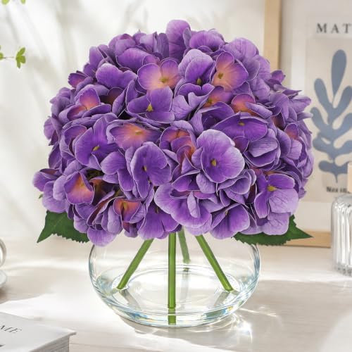 Hollyone Real Touch Hydrangea with Glass Vase Purple Full Latex Hydrangeas Artificial Flowers in Vase Lifelike Bouquets Floral Arrangements with Faux Water for Wedding Table Centerpiece Indoor Decor