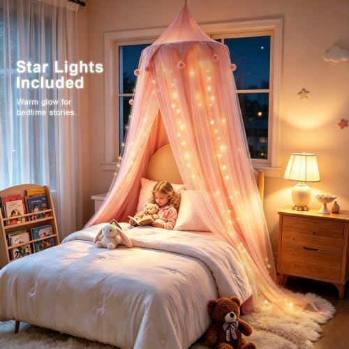 Princess Bed Canopy for Girls with Star Lights