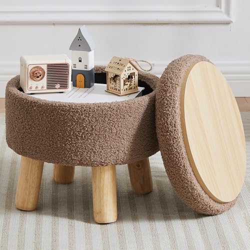 Small Foot Stool Ottoman with Storage, Sherpa Ottoman Foot Rest for Couch, Round Footstool with Storage, Small Ottomans and Footstools for Living Room and Entryway (Brown)