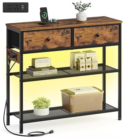 SONGMICS Console Table with Power Outlets and LED Lights, 2 Fabric Drawers