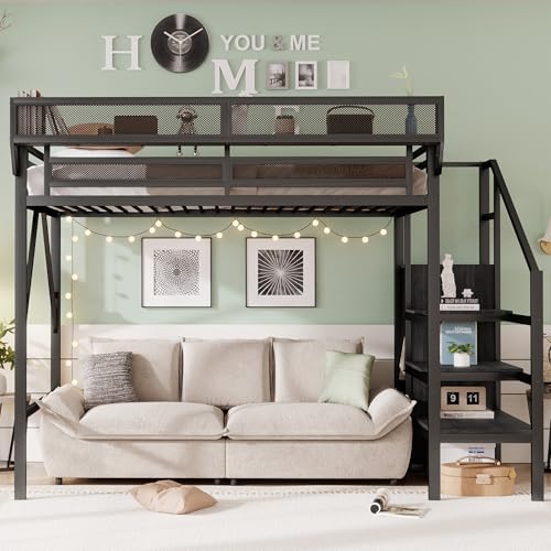 Twin XL Size Metal Loft Bed Frame with Convertible Staircase & Built-in Storage Shelves & Wardrobe, Loft Bed with Slats & Guardrail, No Box Spring Required, Easy Assembly, for Bedroom, Black