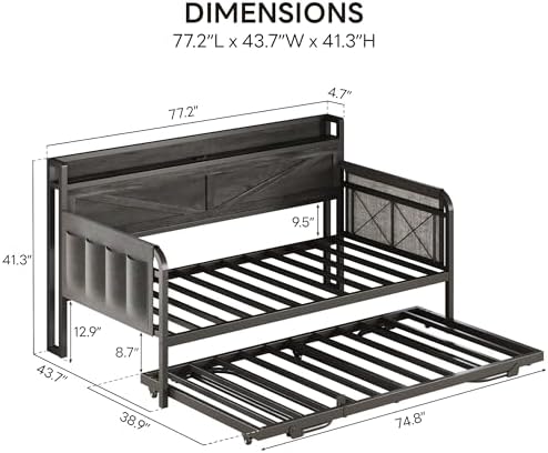 LIKIMIO Twin Daybed with Pop Up Trundle & Charging Station & Storage Shelf