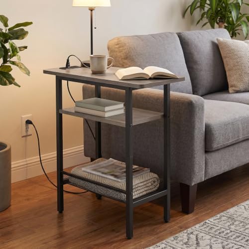 HOOBRO Side Table with Charging Station for Small Spaces, Greige and Black