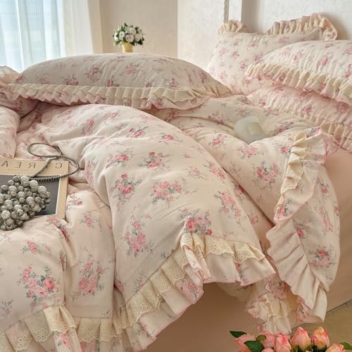 Pink Flower Duvet Cover Set Muslin Cotton Queen(90"x90"),Rose