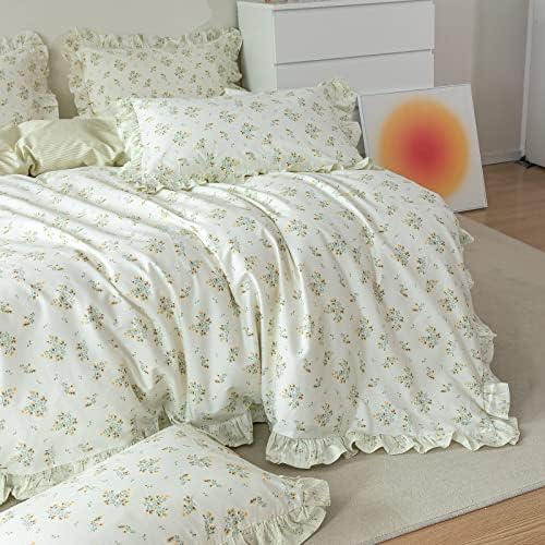 Romantic Green Ruffle Duvet Cover Cotton Twin(68"x86"),Yellow Floral
