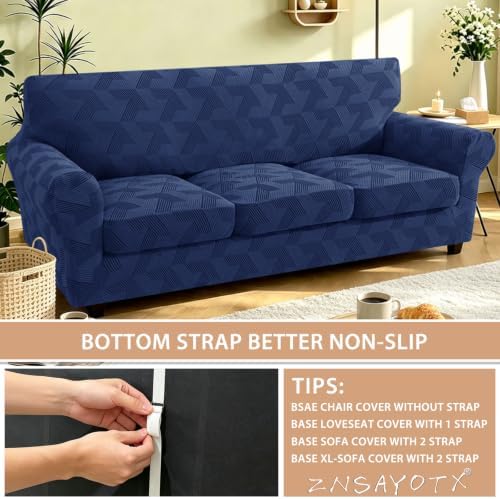 ZNSAYOTX 4 Piece Stretch X-Large Couch Covers (92"-112") New-Rectangle Texture, Thick Sofa Covers for 3 Cushion Oversized Couch Universal Sofa Slip Cover with Elastic Bottom & Buckle, Navy Blue