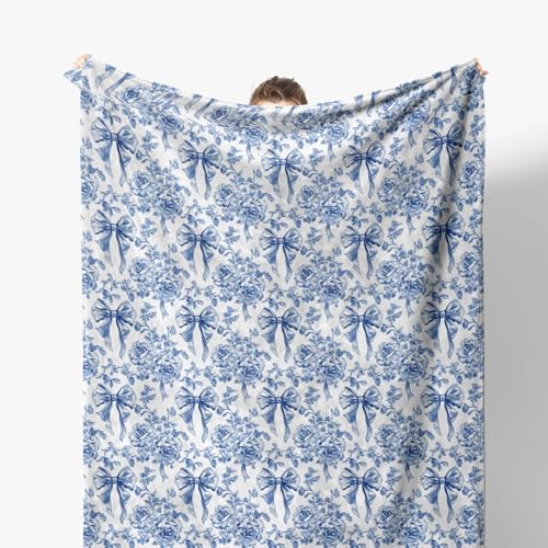 Coquette Bow Floral Blanket, Blue and White Chinoiserie Flower Decorative Throw Blanket for Couch Bed Sofa, Grandmillennial Throw Blankets for Living Room Bedroom Decor, 50x60 Inches